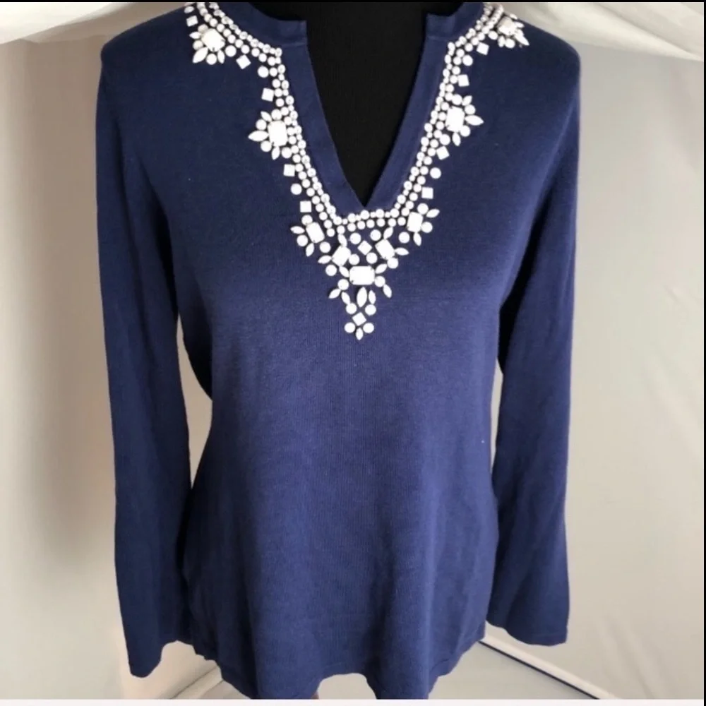 MICHAEL Michael Kors blue v-neck knit with white beads around neckline